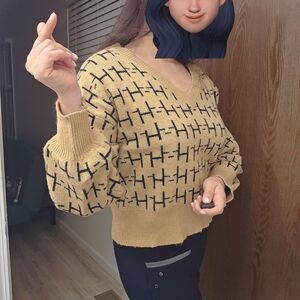 Daisys Boutique V-Neck Sweater - Tan and Black